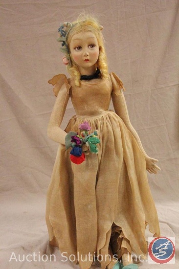 LENCI DOLL, 26" tall pressed felt doll in long pink dress (faded) and shoes, all original, painted