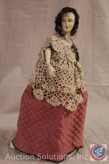 LAMP DOLL, 13" tall, arms jointed to body by wire, mohair wig, painted features, unknown maker