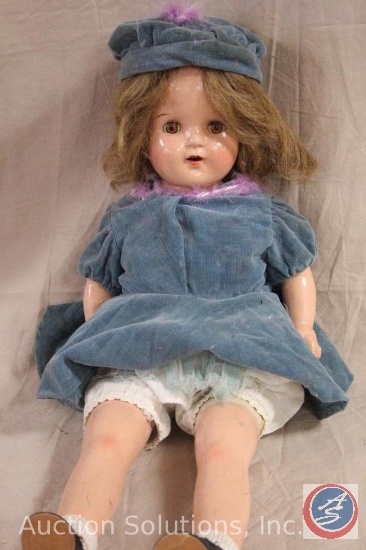 COMPOSITION DOLL, 20" tall, compo head and limbs, cloth body, open/close brown eyes, open mouth with