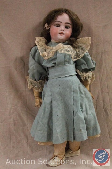 ANTIQUE DOLL, 21" tall, bisque head, open/close eyes, open mouth with teeth, earring holes, brown