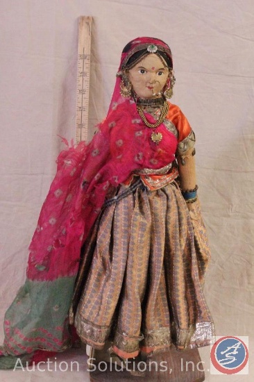 INDIA DOLL, 17" tall, dressed in elaborate native costume, cloth head and body. Tag on dress: Made