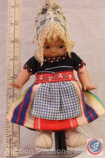 DOVINA DUTCH GIRL, 6" tall, vintage doll dressed in Dutch costume and wood clogs, compo head, body