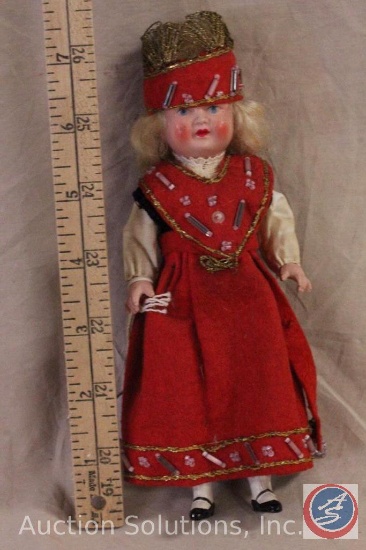 FOREIGN DOLL, 7" tall plastic girl in native costume, jointed arms and legs, painted eyes, shoes and