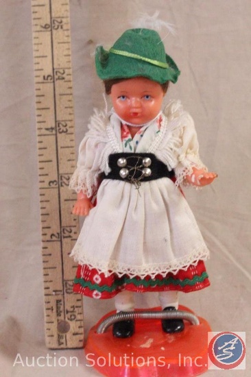 FOREIGN DOLL, 5.5" tall plastic Tyrolean style girl doll, jointed arms and legs, brown wig in