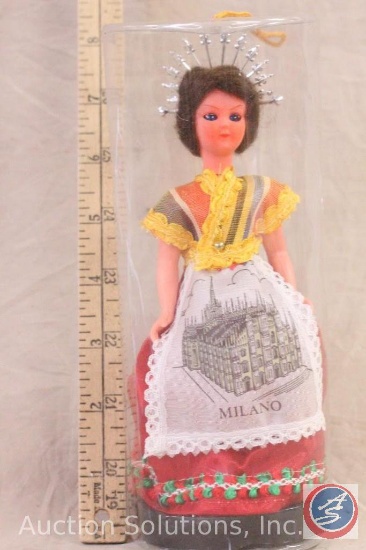 ITALIAN PLASTIC DOLL, 6" tall doll in case, native costume, apron says MILANO, open/close eyes. No