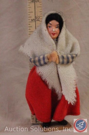 NATIVE LADY DOLL, 5" tall plastic doll on wood base, cloth body.