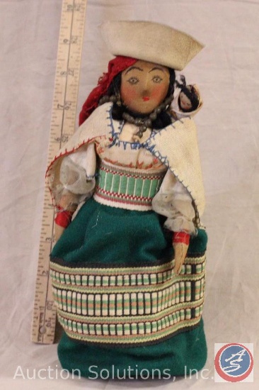 NATIVE DOLL, 9" cloth girl with papoose, back has hanging loop of cloth, back of skirt unzips for