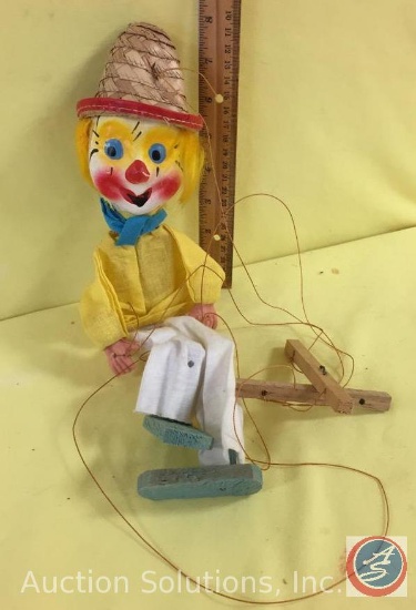 MARIONETTE CLOWN DOLL, 15" tall, plaster/papier-mache head, straw hat. No marks or tags.