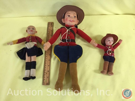 [3] NORAH WELLINGS DOLLS: a) 7" RCMP Mountie with hat; b) 10" girl, no hair or hat; c) 14" Mini