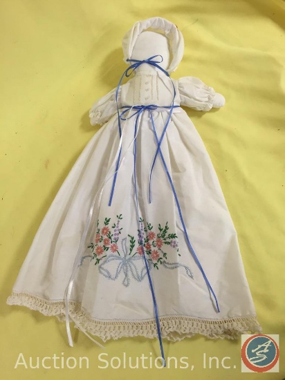 CLOTH DOLL, 13" tall, handmade, dressed in white embroidered pillowcase, no face.