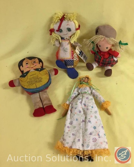[4] ASSTD. DOLLS: a) 10" wooden doll, replica of Early-American; b) Pinocchio cloth story book doll,
