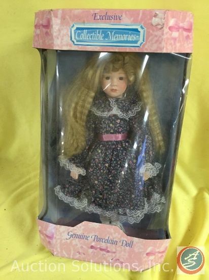COLLECTIBLE MEMORIES LTD ED, 15" Genuine Porcelain Doll Exclusives, in Original Box, crimped hair.