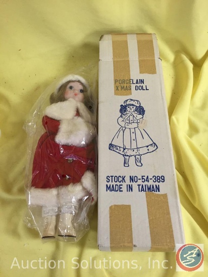 PORCELAIN CHRISTMAS DOLL, 14" tall, in Original Box, red winter outfit, fur hat, collar and muff,