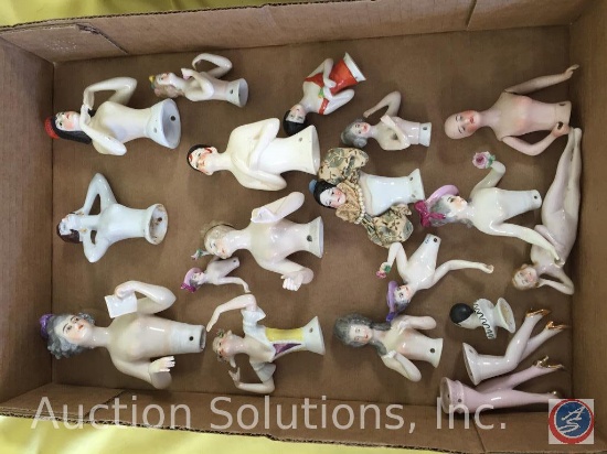 BOX OF HALF DOLLS, 15 dolls, several pairs of legs, 1 bathing beauty