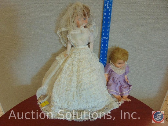 [2] VINTAGE DOLLS; BRIDE DOLL, 24" hard rubber Ideal-type doll, high heel feet, original clothes, no