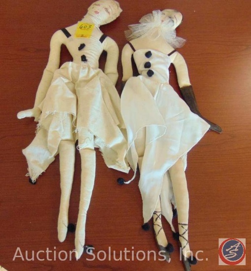 [2] BOUDOIR DOLLS, 23" tall, cloth clown/mime-style doll. Black painted shoes and gloves. No marks