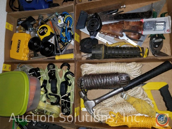 (4) flats containing tow straps, rope, hand tools, hardware, bungee cords, and DeWalt drill bits