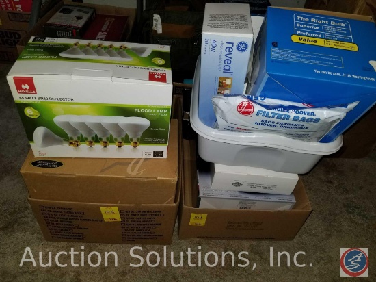 (2) boxes containing assorted light bulbs and fixtures, including flood lamps, Patriot Lighting
