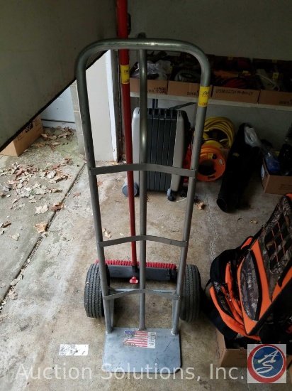 Geocel two-wheel metal dolly, and shop broom