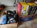 (2) boxes containing Custom towing mirrors in original boxes (universal), oil filters, and Castrol