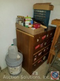 (4) drawer wooden dresser, plastic organizers, wood glue, tire plug kit, Dura Clean paint, and more