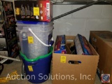 Large box containing Saf-T-Bars in original boxes for ceiling fans, (2) plastic buckets w/ handles,