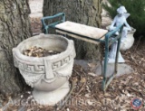 (2) Outdoor Cement Planter Pots, (resin) Fairy Garden Statue, Gardening Bench