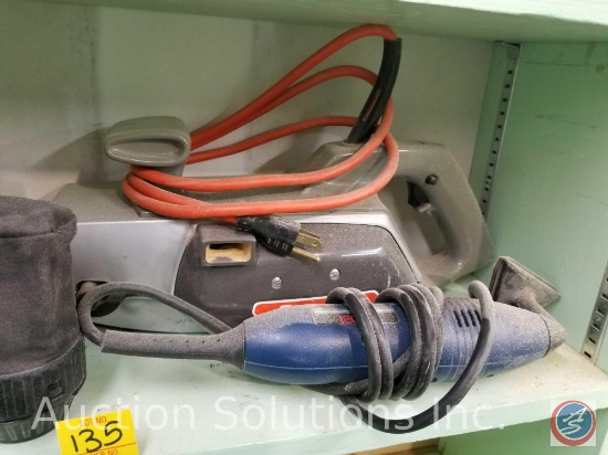 contents of shelf to include Black and Decker palm sander model #RO100, Ryobi detail sander model