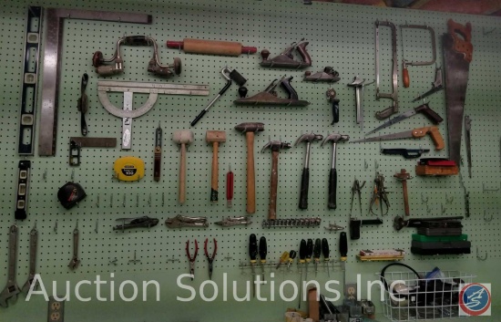 contents of pegboard to include assorted hammers, saws, levels and other hand tools (pegboard not