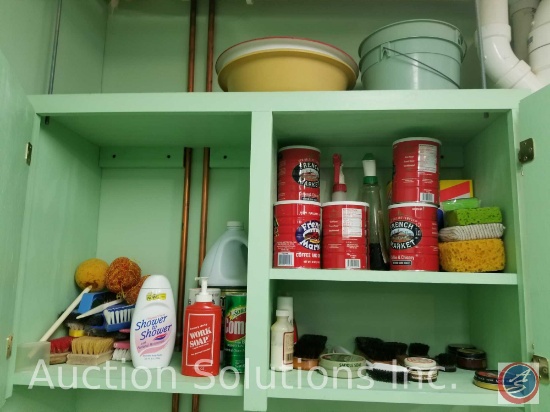 contents of cabinets and drawers to include shoe polish and brushes, empty coffee cans, scrubbers