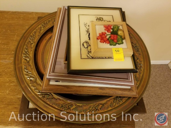 (6) assorted framed prints, and decorative disk