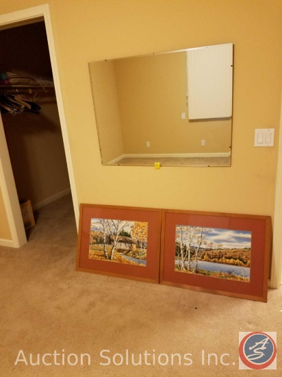 30" x 40" wall mirror, (2) 30.5" x 23.5" framed wall pictures