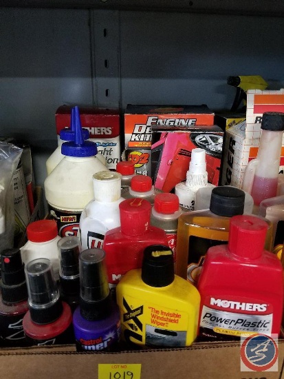 Flat of assorted car care and cleaning supplies (some new/some used)