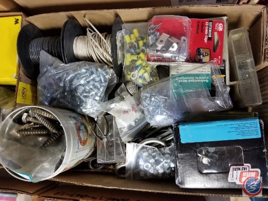 Flat containing a variety of hardware including screws, nails, wire, bolts, and more