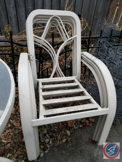 ALL patio furniture, including (4) white chairs, (2) tables, folding lawn chair, and more