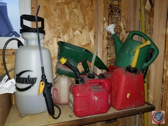 Round Up sprayer, Watering cans, and (6) + gas cans of various sizes