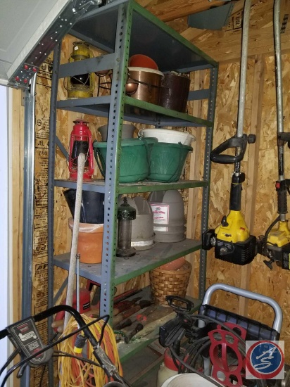 (4) tier metal shelving unit, containing planters, lanterns, gardening hand tools, etc.