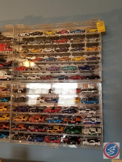 Wall mounted plastic die cast car display, contents included