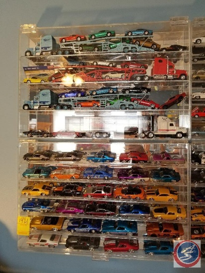 Wall mounted plastic die cast car display, contents included