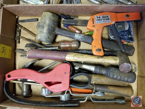 Box of assorted hand tools including cable TY gun (PA 1825), tape measure, hammer, mallet,