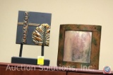 Brass Lamp, Sterling + Noble Wall Clock and [2] Art Pieces