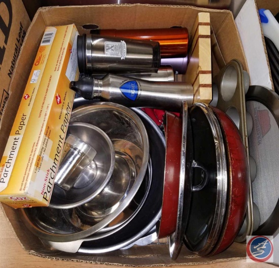 Box of miscellaneous Stainless Steel Bowls, Frying Pans w/Lids, Muffin Pan, Thermal Coffee Cups