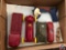 A selection of vintage plastic cars, a wooden tank and a top