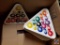 [12] triangle 'pool ball' plates; serving dish, triangle storage w/ 10 pool ball shot glasses