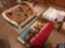 (3) boxes containing wicker baskets, ice cube trays, Stoneware salt and pepper shakers, and assorted