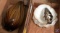 (2) flats containing large blown glass vase, and (2) white serving dishes with gold rims