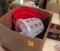 Box containing (2) red cleaning buckets, and a plastic chemical organizer