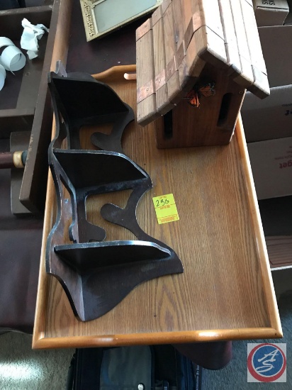 Wooden tray, corner shelving unit and a birdhouse