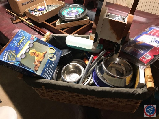 basket of dog toys, bowls, PetZoom Loungee