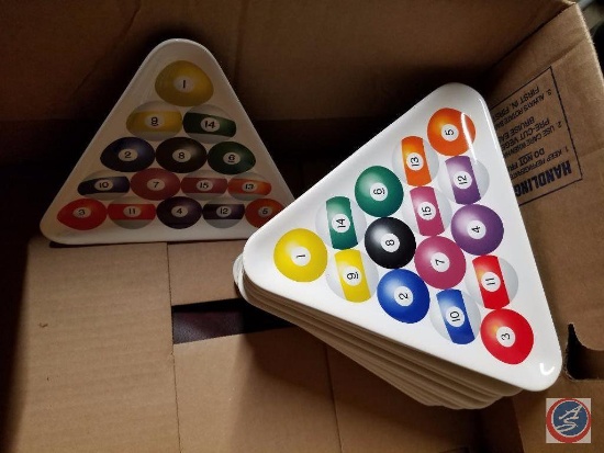 [12] triangle 'pool ball' plates; serving dish, triangle storage w/ 10 pool ball shot glasses